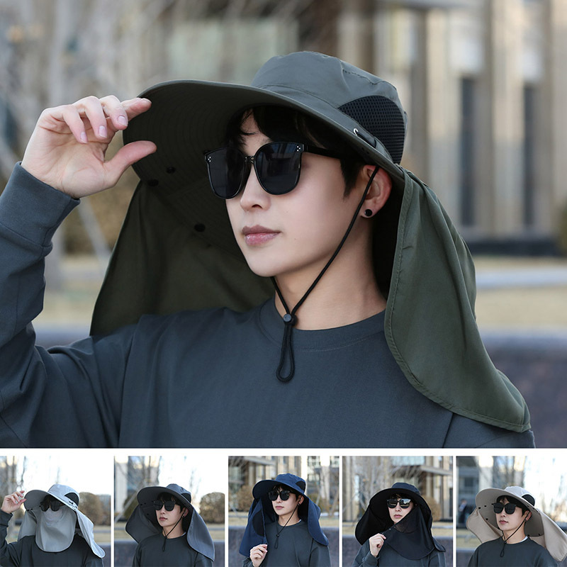 新款大檐渔夫帽夏季男士遮脸护颈防尘防蚊遮阳帽户外休闲钓鱼帽子