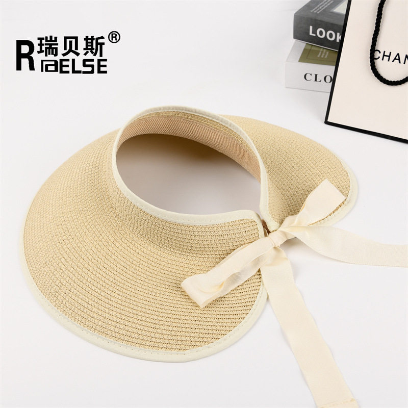 可折叠空顶遮阳帽女夏季防晒帽防紫外线大檐草帽子遮脸丝带太阳帽