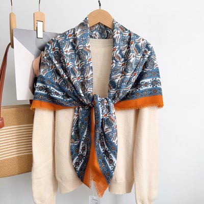 秋冬新款蓟花图案老钱风保暖女丝巾高级感系脖拆须大方巾