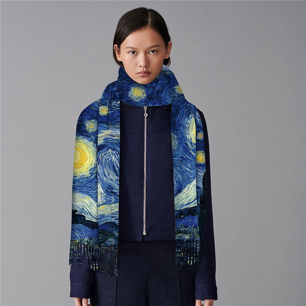 冬季时尚百搭梵高油画系列星空女士仿羊绒长巾送妈妈披肩保暖围巾