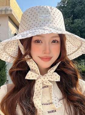 韩国甜美减龄波点大沿防晒帽子女生夏天新款大沿UV防紫外线渔夫帽