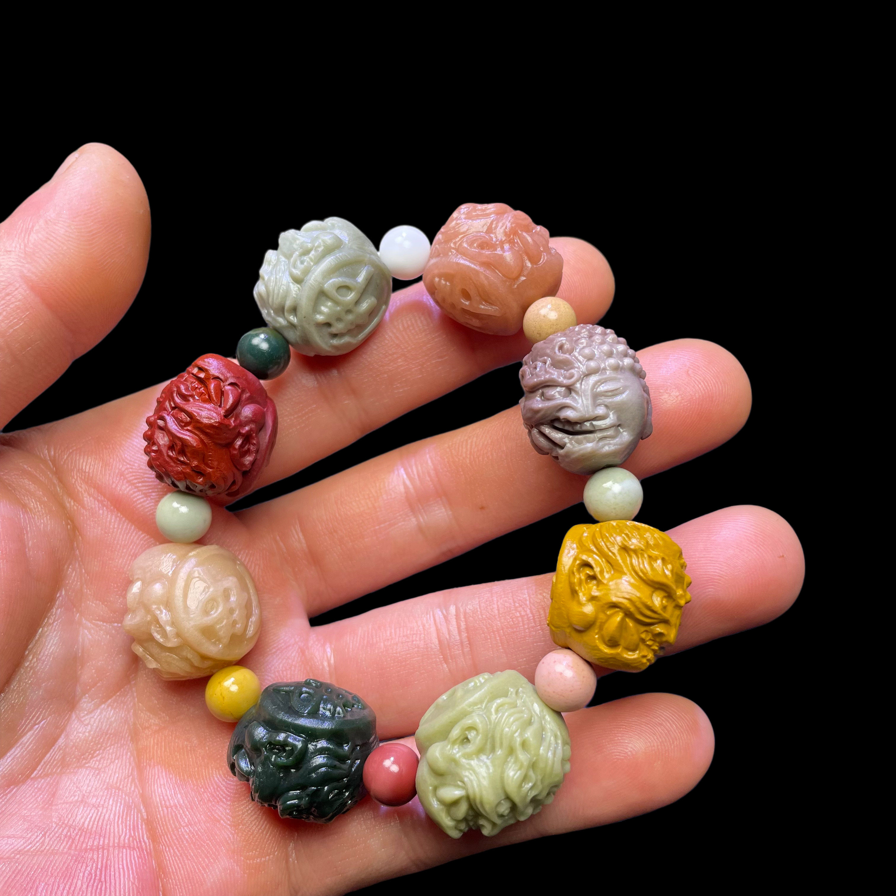天然阿拉善彩玉精工雕刻佛魔一念之间多宝手串文玩收藏送礼饰品