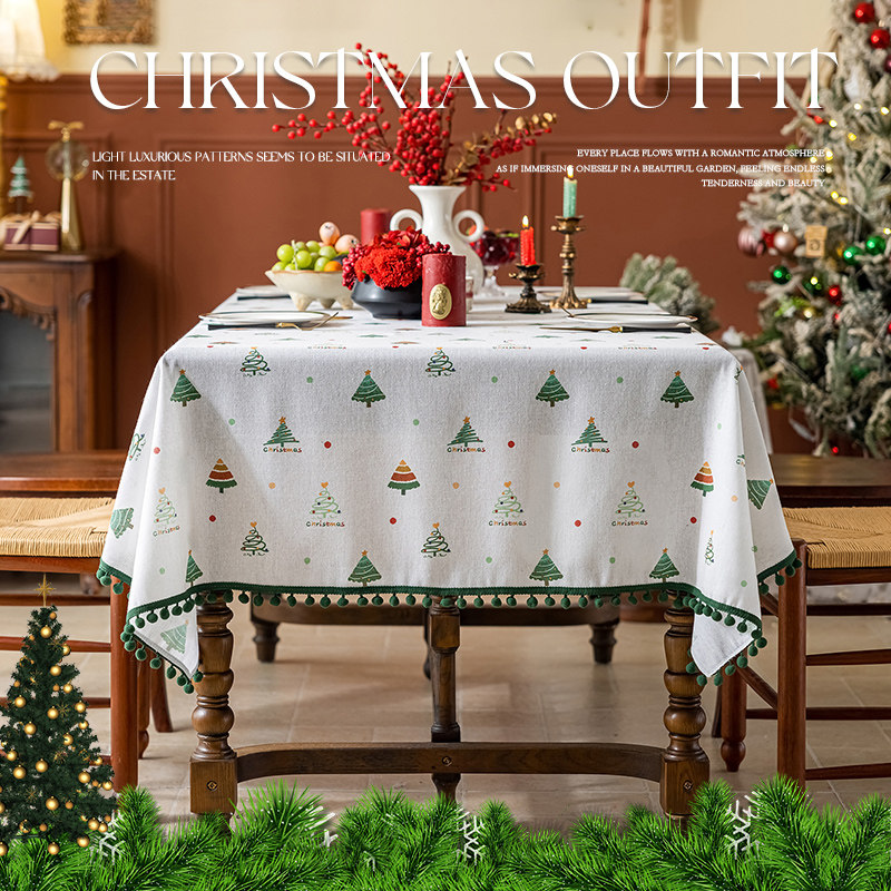 多巴胺仿棉麻印花桌布森系小清新书桌台布美式复古高级感盖布圣诞