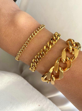 3mm6mm8mm12mm迈阿密古巴男士手链朋克珠宝18K镀金不锈钢手链饰品