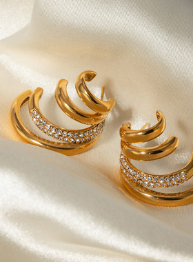 ins夏季新款18k金不锈钢白色水钻耳环时尚简约四层C钛钢耳钉女