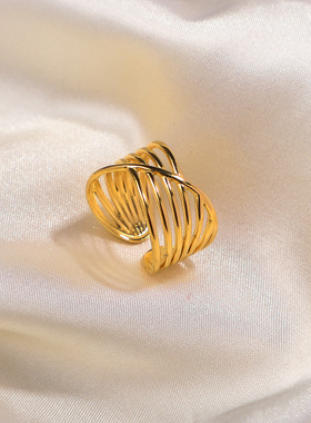 欧美INS网红同款多层交叉线条开口戒钛钢金属指环18K不锈钢戒指女