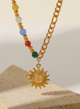 INS法式新款钛钢吊坠项链18K金天然石猫眼石太阳吊坠彩色石头项链