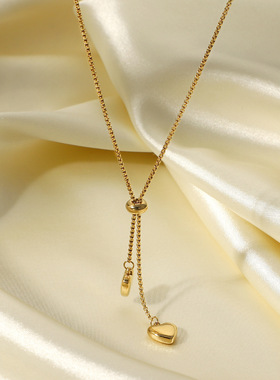 欧美INS钛钢项链 14K金Y字形绳链两个爱心吊坠项链女式时尚款项链