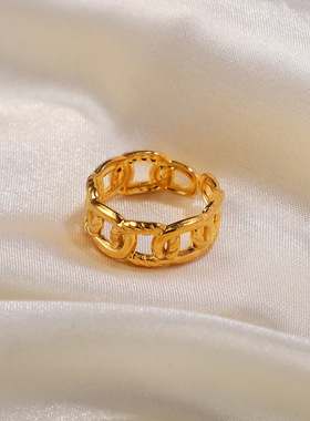 欧美INS男女士手指戒指钛钢电镀18k金不锈钢麻花链条开口戒指饰品