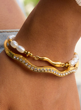 欧美不锈钢水钻卡扣手镯轻奢高级感女不掉色钛钢饰品