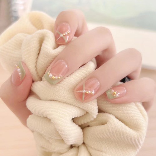 穿戴甲西柚渐变法式奶绿线条珍珠