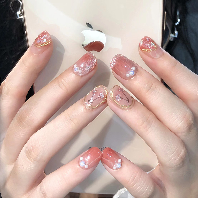 假指甲贴片成品 烟雾红渐变晶石猫眼立体樱桃 穿戴甲定制手工美甲