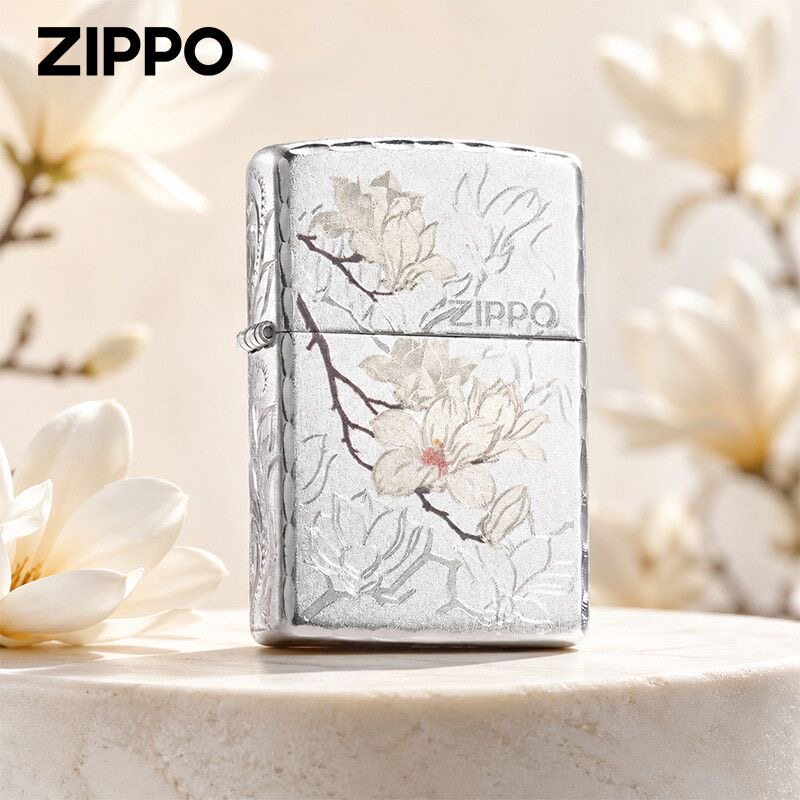 zippo打火机正品白玉兰镀银精雕防风煤油创意男士定制礼物