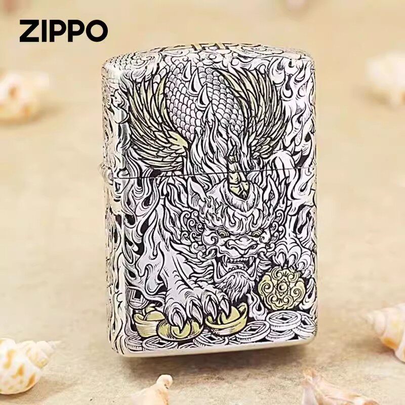 正版Zippo打火机 礼盒招财貔貅外壳错金银盔甲防风煤油送男友礼物