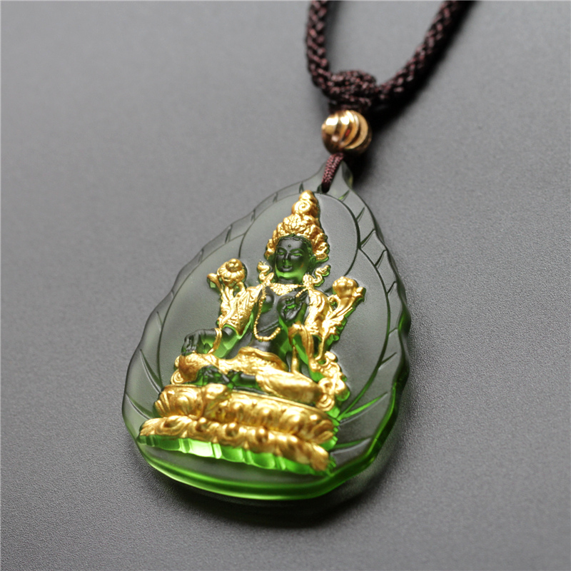 鎏金琉璃绿度母吊坠佛牌 佛像挂件随身配饰男女贴金密宗药师项链