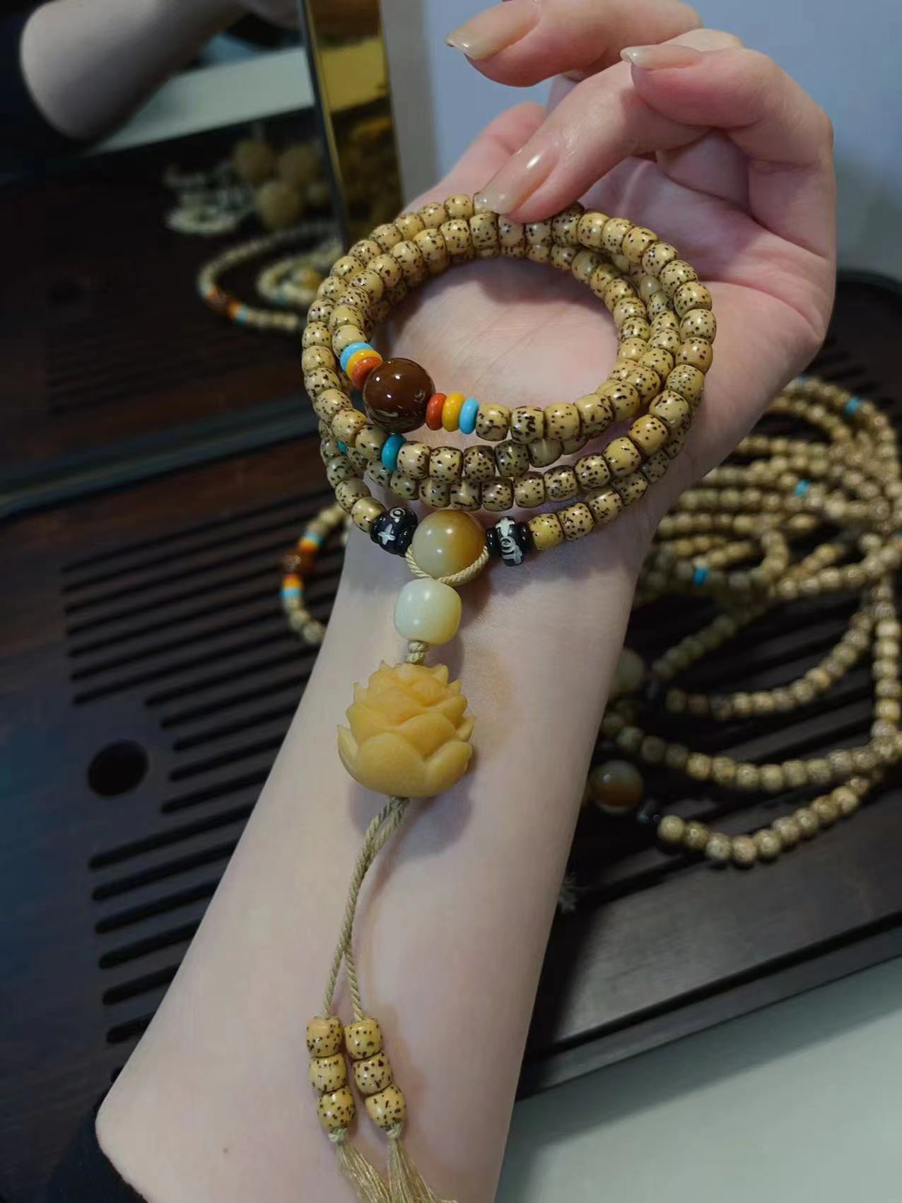 天然星月菩提黄金籽手串毛衣链108颗文玩佛珠念珠搭配菩提根莲花