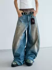 Peoplesense Yellow Mud-Dyed Distressed Curved Hem Washed Wide-Leg Jeans American Retro Vintage Loose Long Pants