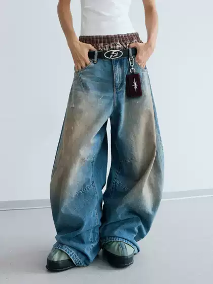 Peoplesense Yellow Mud-Dyed Distressed Curved Hem Washed Wide-Leg Jeans American Retro Vintage Loose Long Pants