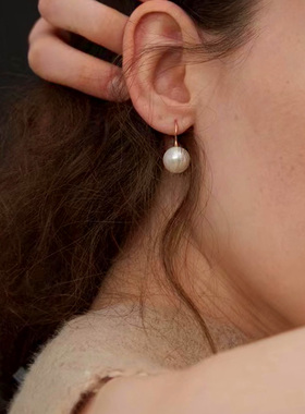施家珍珠欧美气质简约百搭韩国真多麻银灰澳白色镀金色耳钩耳环女