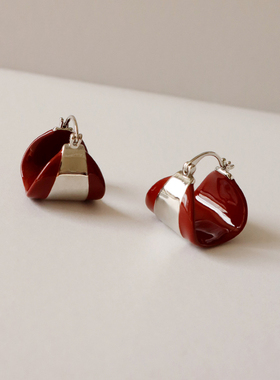 高阶时髦宽面几何立体不规则珐琅欧美复古红色秋冬新年款派对耳环