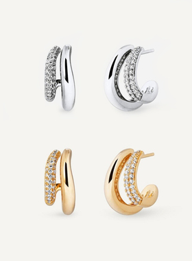 JILIFANG 欧美风法式经典简约双层C圈微镶锆石银针防过敏耳环耳钉