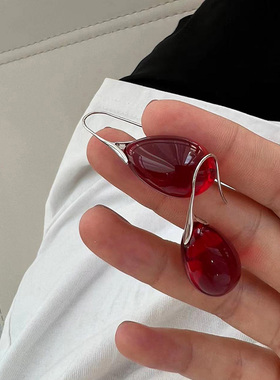 新年春节圣诞派对氛围感ins韩国博主fever透明琉璃红色大水滴耳环