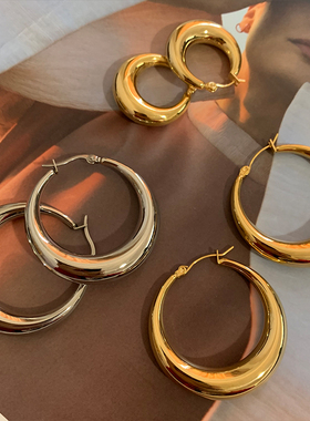 法式慵懒复古高级感欧美小众极简椭圆环圈圈镀金色银色不掉色耳环