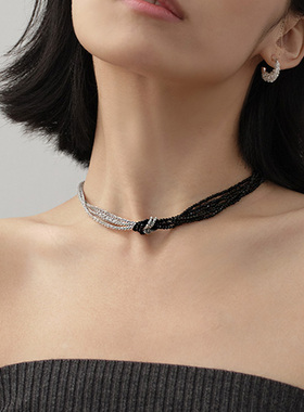 JILIFANG 极简撞色 黑水晶银色锆石多层编织扭结项链锁骨链choker
