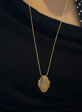 JILIFANG秋冬欧美复古椭圆天然茶晶石抽拉调节长款金色毛衣链项链