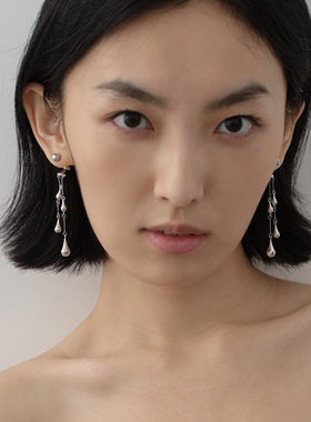 JILIFANG小众极简设计雨滴灵动水滴流苏大小层次水珠银色时髦耳环