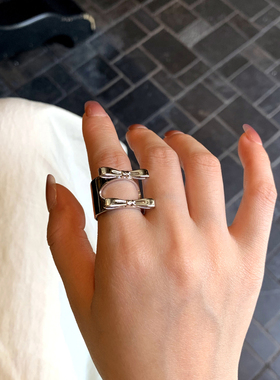 时髦复古韩国小众设计法式甜美欧美风银色百搭开口双层蝴蝶结戒指