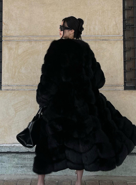 黑色简单长款环保皮草外套女2025新款海宁时尚爆款洋气厚毛毛大衣