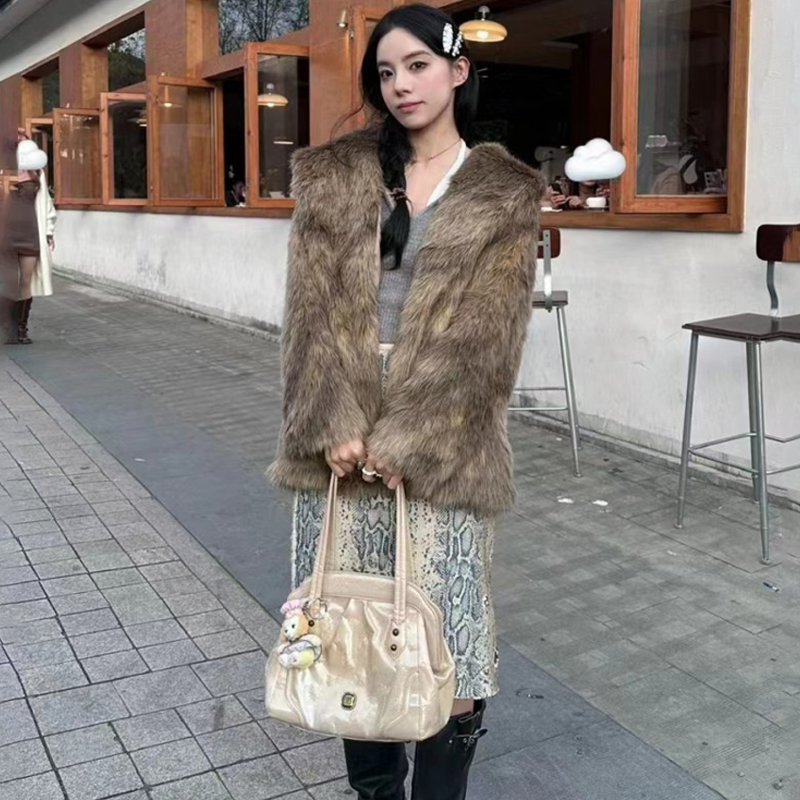高级感~fanss棕色狐狸皮草外套女