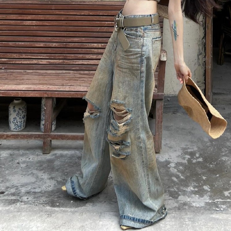 FANSS复古破洞辣妹直筒牛仔裤女