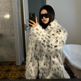 冬季 海宁年轻款 毛毛外套 爆款 白色豹纹环保狐狸皮草外套女2025新款