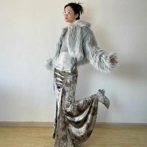 超好看~fanss新品蓝色皮草外套冬