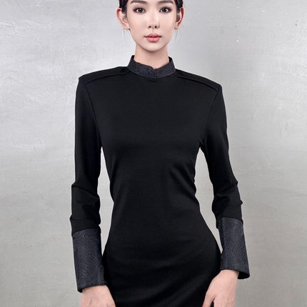 【阿泯娜】女装连衣裙 B2414 蒙古民族风女士长袖连衣裙黑色气质