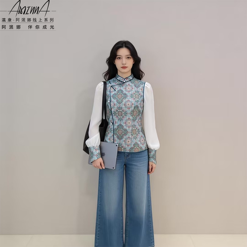 【阿泯娜瀛康】纱袖马甲 新款提花立领斜襟假两件上衣37422SW04