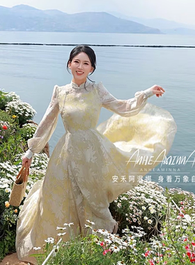 【阿泯娜安禾】长袖连衣裙 提花立领斜襟大摆气质长裙17422CL08