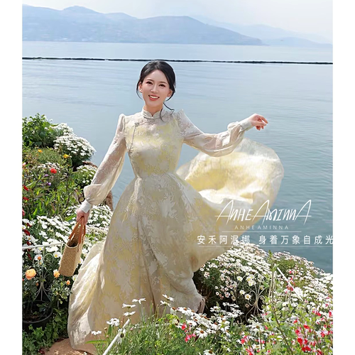 【阿泯娜安禾】长袖连衣裙 提花立领斜襟大摆气质长裙17422CL08