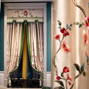 2022年中式高精密仿真丝窗帘客厅卧室飘窗新中式大气窗帘绣花窗纱