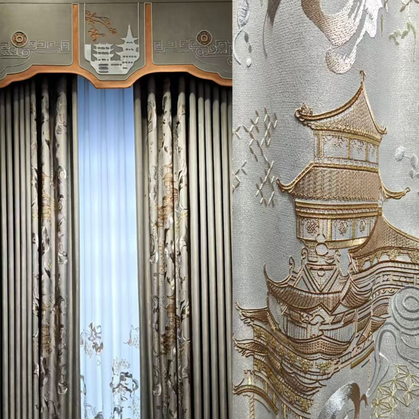 高窗别墅窗帘2025年中式国风高档窗帘高精密绣花加厚客厅卧室定制