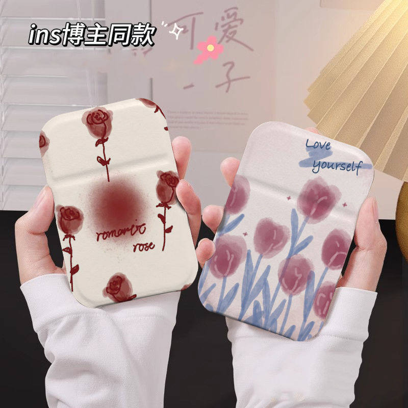 高颜值玫瑰花折叠小台镜双面PU皮