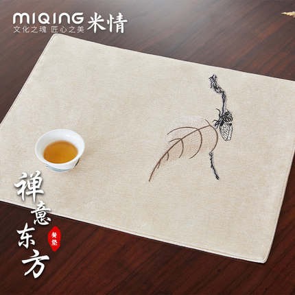 米情新中式麻布布艺刺绣餐垫禅意小茶席垫茶桌垫隔热防烫盘垫碗垫