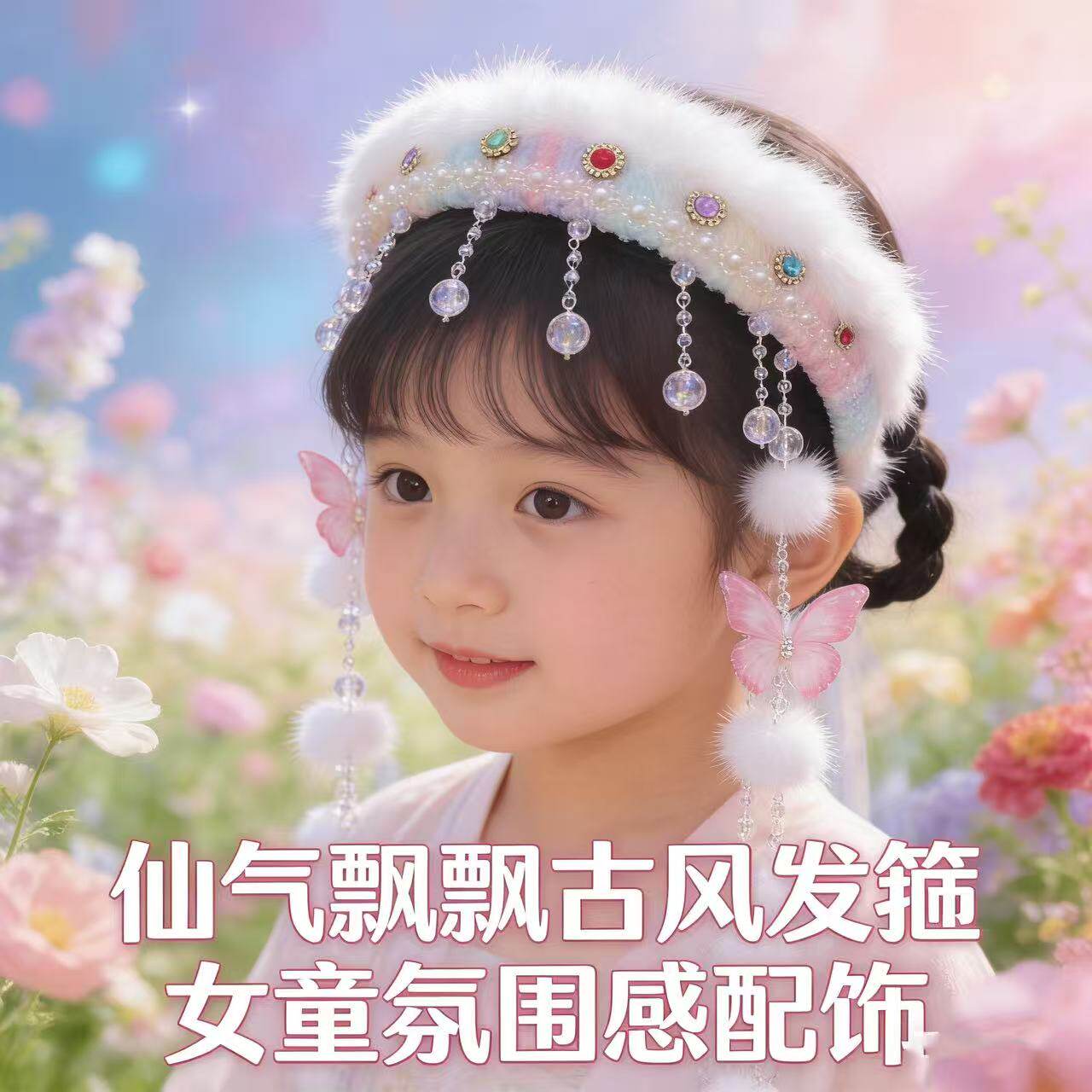 成品香妃古风发箍女童流苏毛绒头饰拍照装饰发带公主风