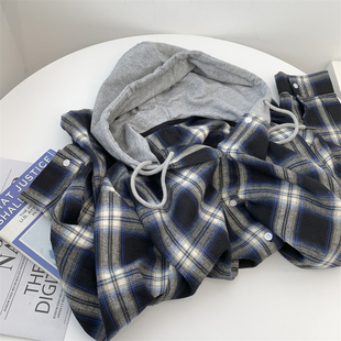 宽松慵懒风衬衫女磨毛秋冬季通勤蓝线黑格子撞色拼接连帽休闲上衣