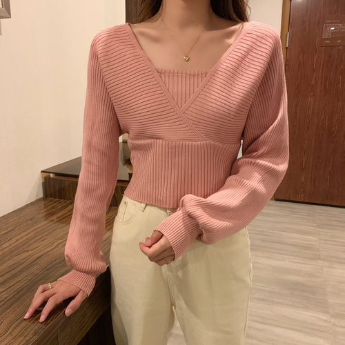 Real shot real price Korean soft wind fake two piece suspender collar bone open shoulder long sleeve sweater sweater women's top