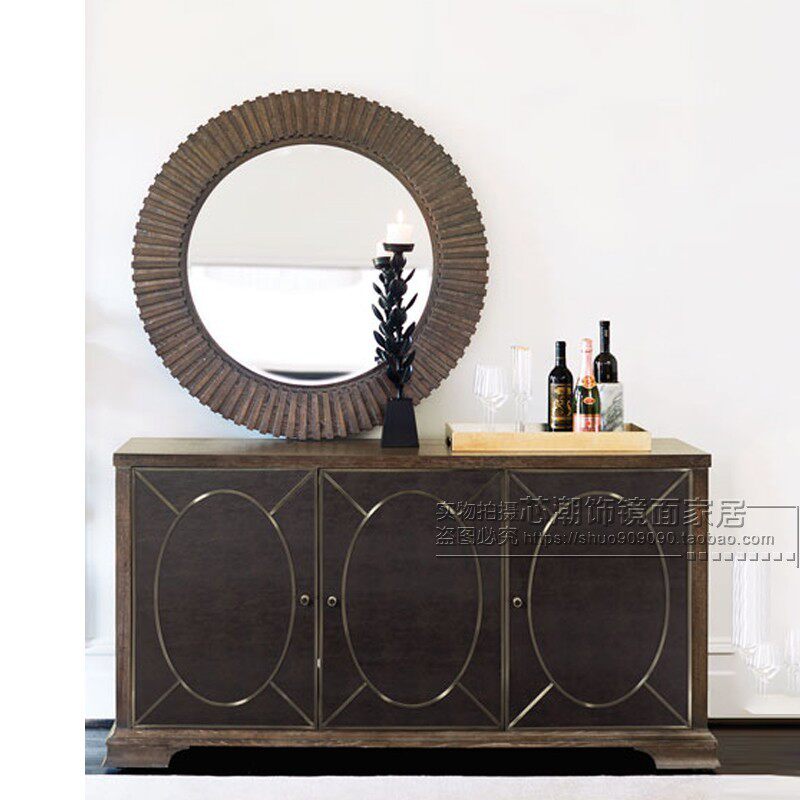 中式复古做旧精雕装饰镜壁饰挂镜定制玄关镜壁炉镜餐厅镜子卫浴镜