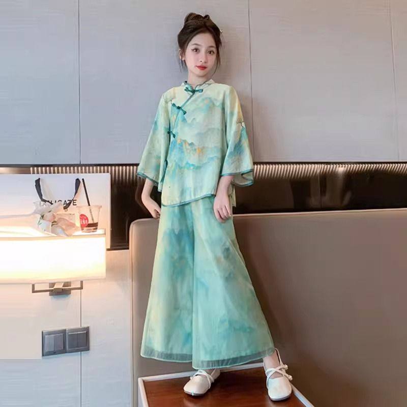 女童新中式国风裙子2024新款儿童改良汉服春秋女孩水墨画春款套装