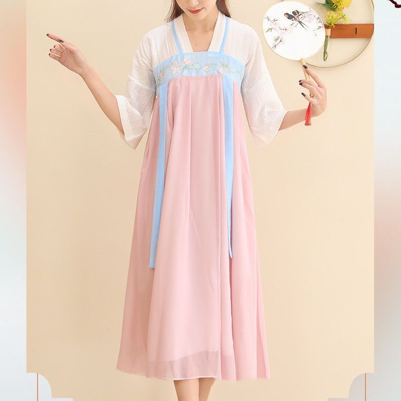 改良汉服连衣裙夏季新款女学生绣花古风古装仙女高腰中袖雪纺长裙